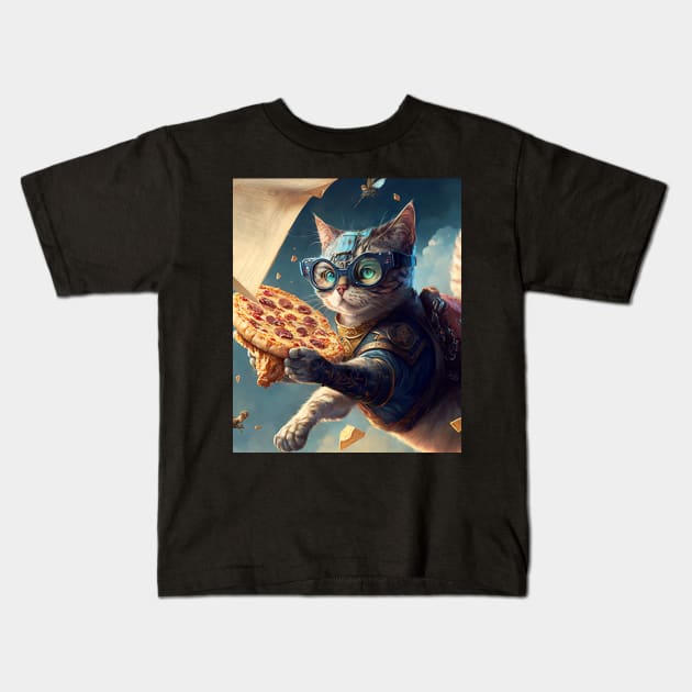 Funny Cat Flying and Delivering Pizza - Funny Digital Artwork Futuristic Art Birthday Gift Idea For Mom Kids T-Shirt by Pezzolano